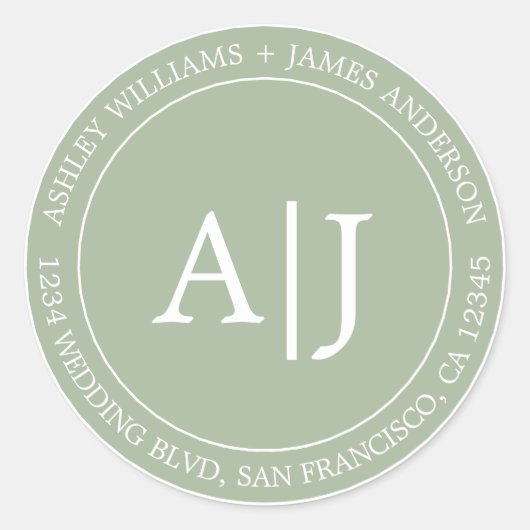 Chic Monogram Huwelijk Retouradres Laurel Groen Ronde Sticker (Voorkant)