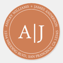 Chic Monogram Huwelijk Retouradres Verbrand Oranje Ronde Sticker