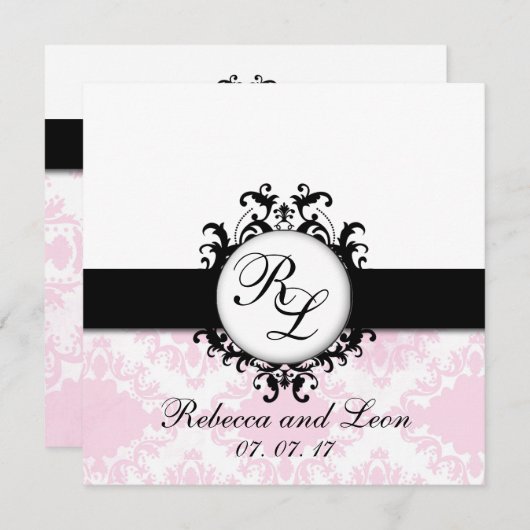 Chic Monogram Initialen Roze Damask Wedding Invite Kaart (Voorkant / Achterkant)