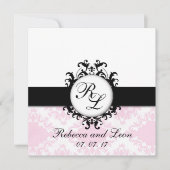 Chic Monogram Initialen Roze Damask Wedding Invite Kaart (Voorkant)