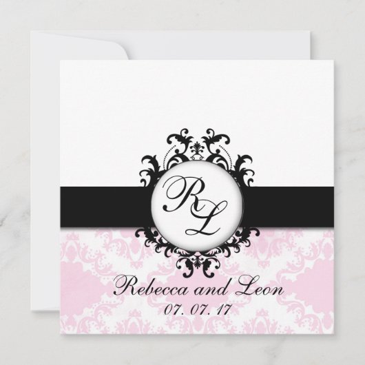 Chic Monogram Initialen Roze Damask Wedding Invite Kaart (Voorkant)