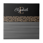 Chic Monogram Leopard Print Tegeltje<br><div class="desc">Afdrukken van grafische en  monogram luipaard en decoratieve tegels van zwart-wit gestript.  Pas ze aan met je monogram naam en initiaal. Ontworpen voor jou door Blackberry Boulevard.</div>