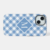 Chic Monogram Light Blue White Gingham Check iPhone 15 Case (Achterkant horizontaal)