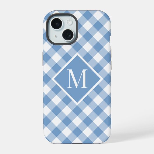 Chic Monogram Light Blue White Gingham Check iPhone 15 Case (Achterkant)