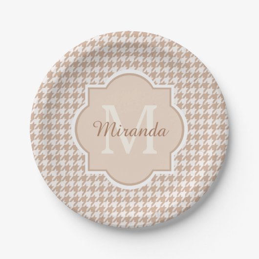 Chic Monogram Light Brown Houndstooth met naam Papieren Bordje (Voorkant)