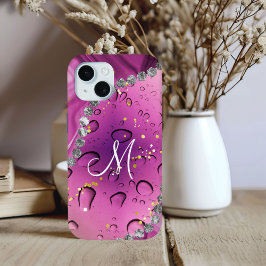 Chic Monogram M Zilver Glam Magenta Regen Druppels iPhone 15 Case