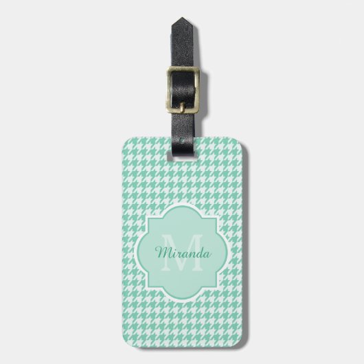 Chic Monogram Mint Green Houndstooth met naam Bagagelabel (Voorkant verticaal)