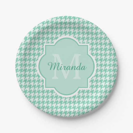 Chic Monogram Mint Green Houndstooth met naam Papieren Bordje (Voorkant)