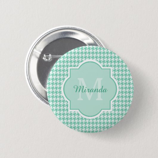 Chic Monogram Mint Green Houndstooth met naam Ronde Button 5,7 Cm (Voorkant /achterkant)