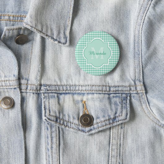 Chic Monogram Mint Green Houndstooth met naam Ronde Button 5,7 Cm (In situ)
