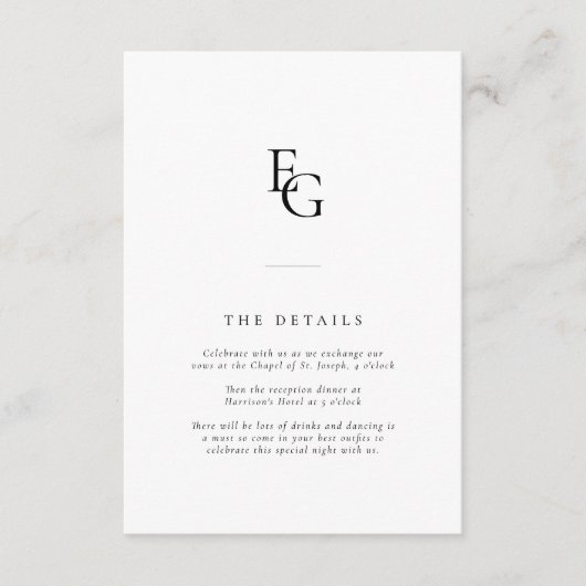 Chic Monogram Modern Wedding Details Informatiekaartje (Voorkant)