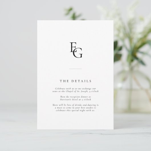 Chic Monogram Modern Wedding Details Informatiekaartje (Staand voorkant)