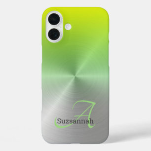 Chic Monogram naam Lime Green Ombre Faux Metal iPhone 16 Plus Hoesje