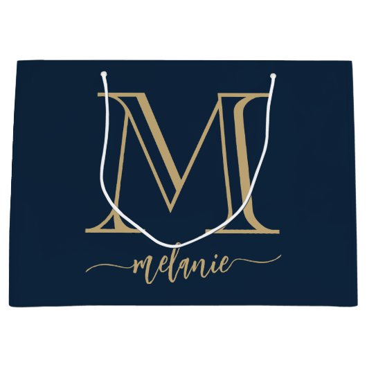 Chic Monogram Navy Blue Gold Large Gift Bag Groot Cadeauzakje (Voorkant)