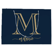 Chic Monogram Navy Blue Gold Large Gift Bag Groot Cadeauzakje (Achterkant)
