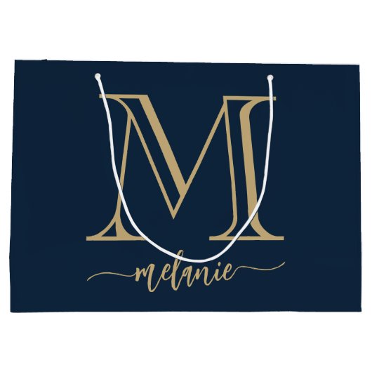 Chic Monogram Navy Blue Gold Large Gift Bag Groot Cadeauzakje (Achterkant)