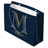 Chic Monogram Navy Blue Gold Large Gift Bag Groot Cadeauzakje (Achterkant Gekanteld)