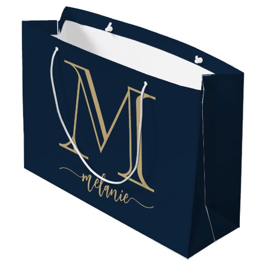 Chic Monogram Navy Blue Gold Large Gift Bag Groot Cadeauzakje (Achterkant Gekanteld)