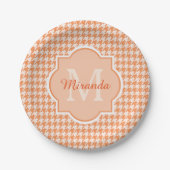 Chic Monogram Oranje Houndstooth met naam Papieren Bordje (Voorkant)