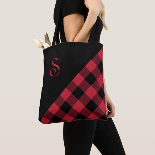 Chic Monogram Red Black Buffalo Controleer geometr Tote Bag (Dichtbij)