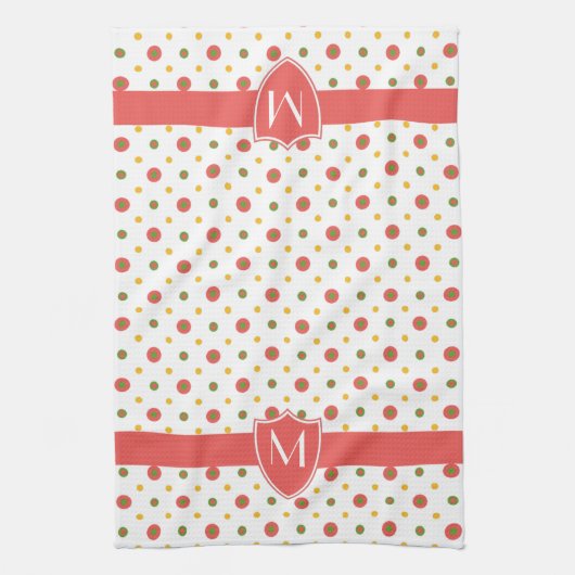 Chic Monogram Red White Polka Dots Kitchen Towel Theedoek (Verticaal)