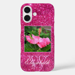 Chic Monogram Roze Glitter Sparkles Aangepaste Fot iPhone 16 Hoesje