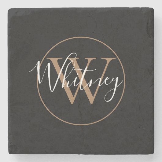 Chic Monogram Script Naam Zwart Goud Stenen Onderzetter (Voorkant)