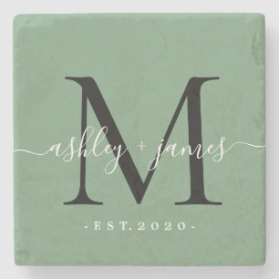 Chic Monogram Script Names Weddenschap Datum groen Stenen Onderzetter