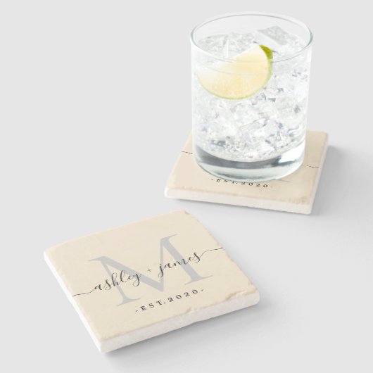 Chic Monogram Script Names Weduwdatum ivory Stenen Onderzetter (Zijkant)