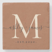 Chic Monogram script TerraCotta Names WeddenDatum Stenen Onderzetter (Voorkant)