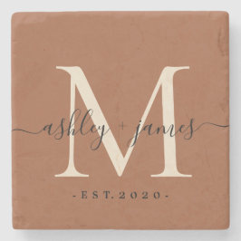 Chic Monogram script TerraCotta Names WeddenDatum Stenen Onderzetter