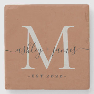 Chic Monogram script TerraCotta Names WeddenDatum Stenen Onderzetter