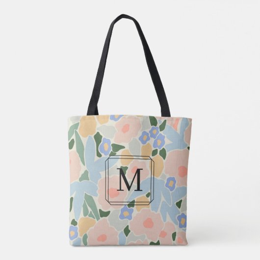 Chic Monogram Shades of Pink Blue Flower Pattern Tote Bag (Achterkant)