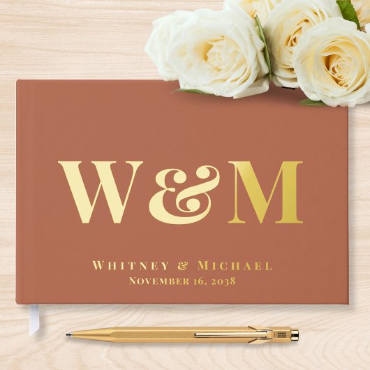 Chic Monogram Terracotta Trouwboek Gastenboek