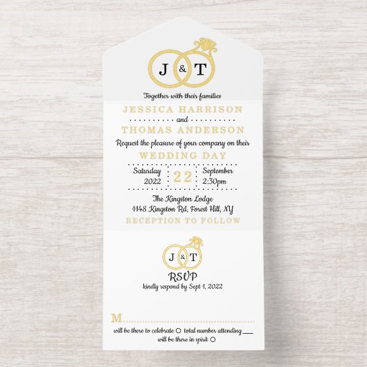 Chic Monogram Trouwringen Real Folie geperst All In One Uitnodiging (Binnenkant)