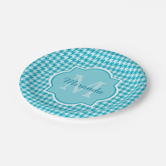 Chic Monogram Turquoise Houndstooth met naam Papieren Bordje (Gekanteld)