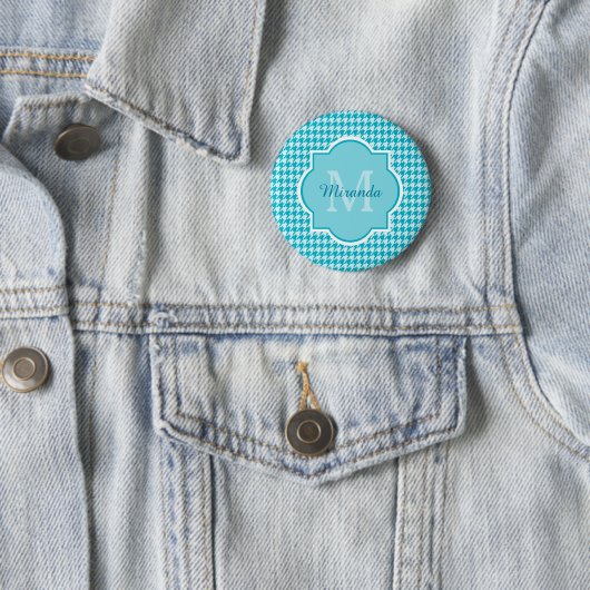 Chic Monogram Turquoise Houndstooth met naam Ronde Button 5,7 Cm (In situ)