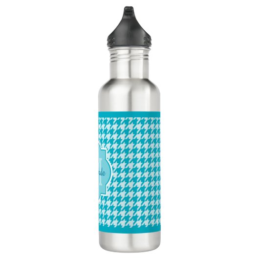 Chic Monogram Turquoise Houndstooth met naam Waterfles (Rechts)