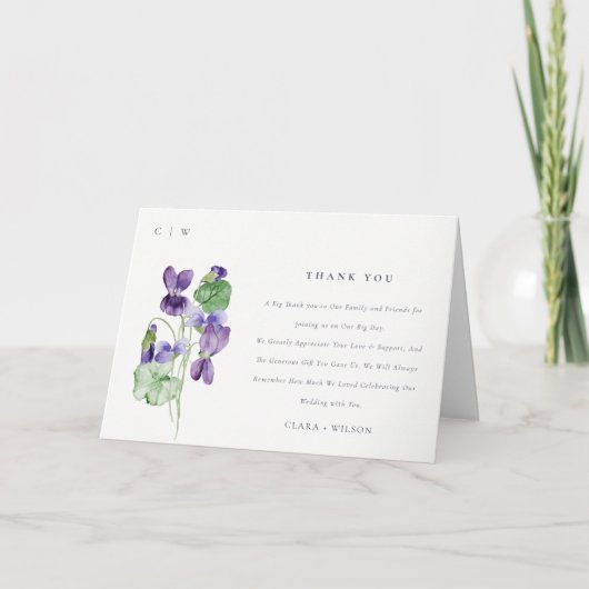  Chic Monogram Violet Floral Bunch Wedding Bedankkaart (Voorkant)