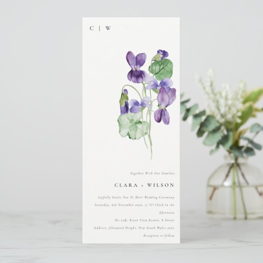  Chic Monogram Violet Floral Bunch Wedding Kaart (Staand voorkant)