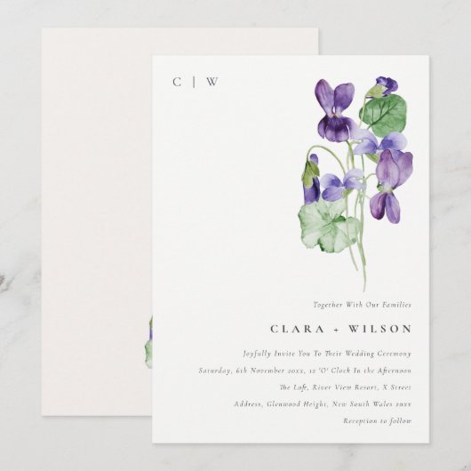 Chic Monogram Violet Floral Bunch Wedding Kaart (Voorkant / Achterkant)