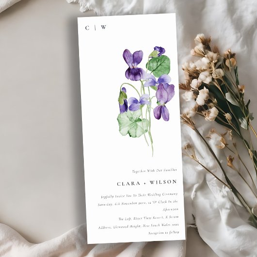 Chic Monogram Violet Floral Bunch Wedding Kaart