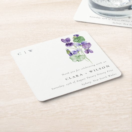  Chic Monogram Violet Floral Bunch Wedding Kartonnen Onderzetters (Schuin)