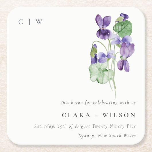  Chic Monogram Violet Floral Bunch Wedding Kartonnen Onderzetters (Voorkant)