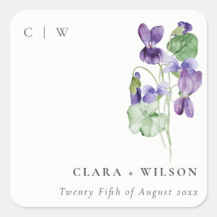  Chic Monogram Violet Floral Bunch Wedding Vierkante Sticker