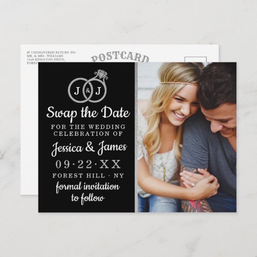 Chic Monogram Weddenrings sparen of ruilt de datum Aankondigingskaart (Voorkant / Achterkant)