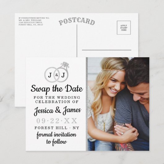 Chic Monogram Weddenrings sparen of ruilt de datum Aankondigingskaart (Voorkant / Achterkant)