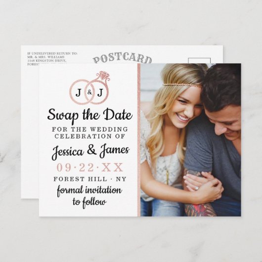 Chic Monogram Weddenrings sparen of ruilt de datum Aankondigingskaart (Voorkant / Achterkant)