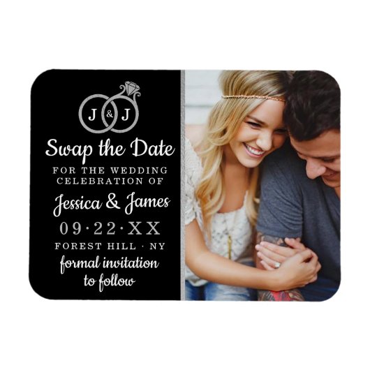 Chic Monogram Weddenrings sparen of ruilt de datum Magneet (Horizontaal)