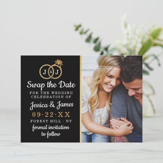 Chic Monogram Weddenrings sparen of ruilt de datum Save The Date (Staand voorkant)